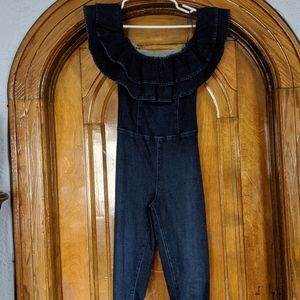 Off the shoulder jean jumpsuit